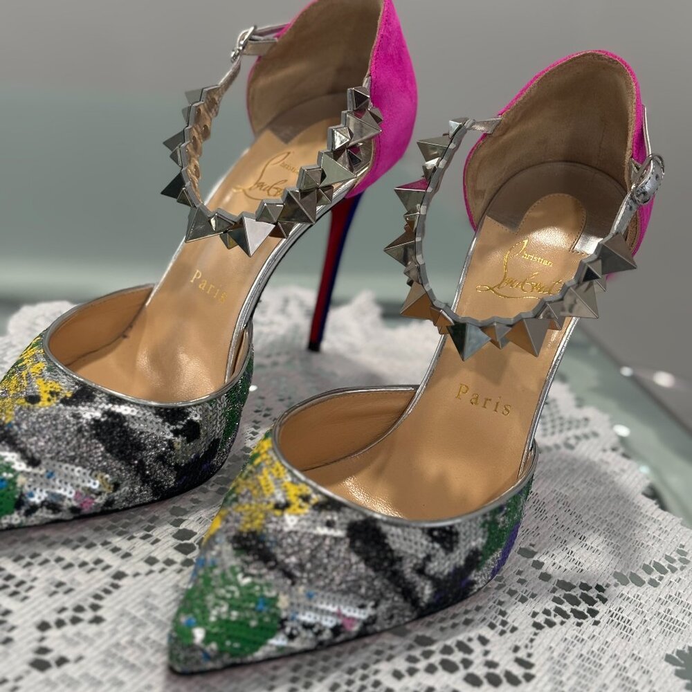 Christian Louboutin Pink & Blue Shimmer Heels – Ankle Strap, Closed Toe